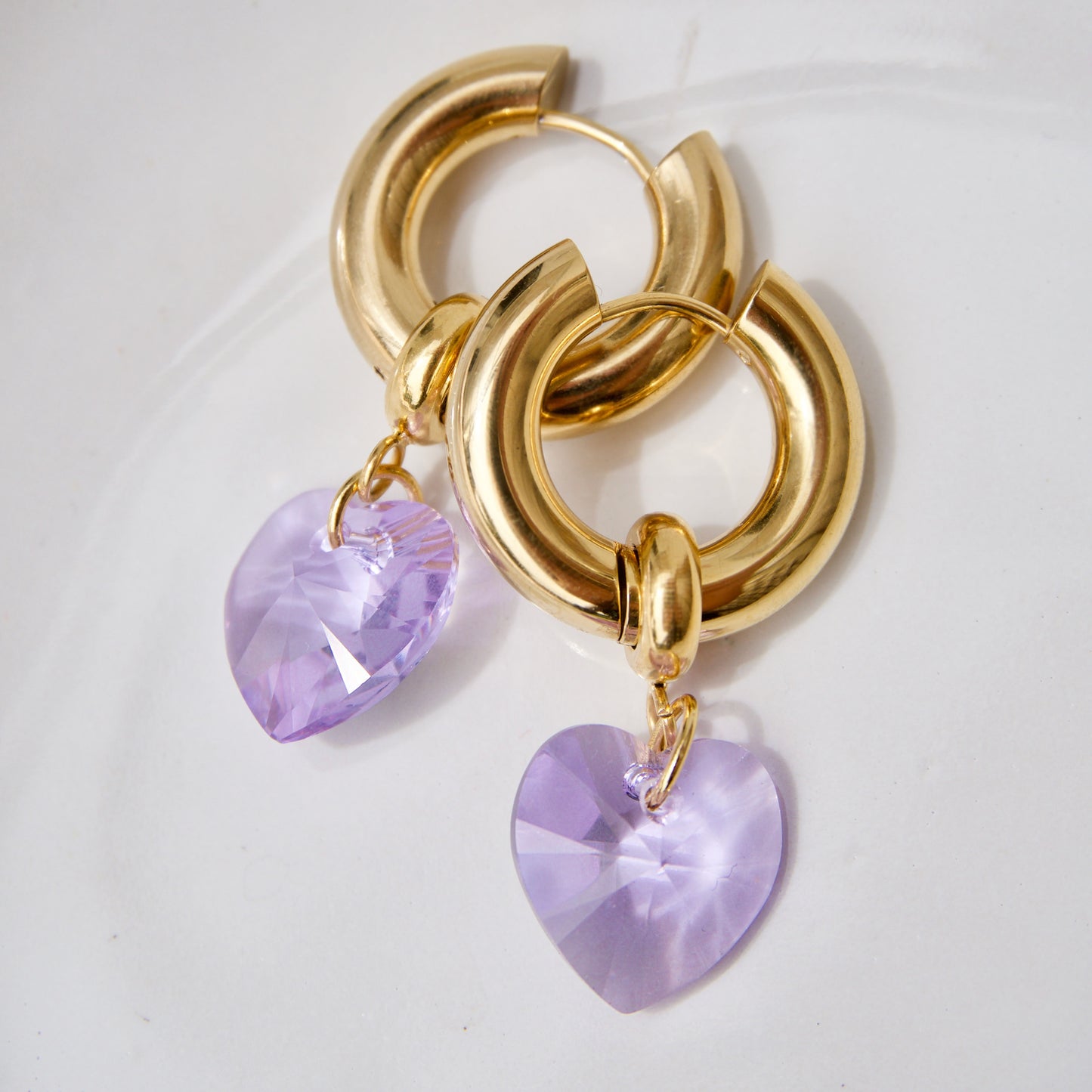 Lavender Heart Crystal Hoops